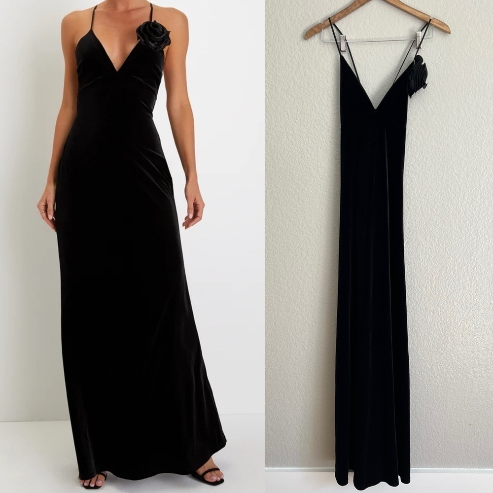 NWOT Got You Captivated Black Velvet Rosette Lace-Up Maxi Dress